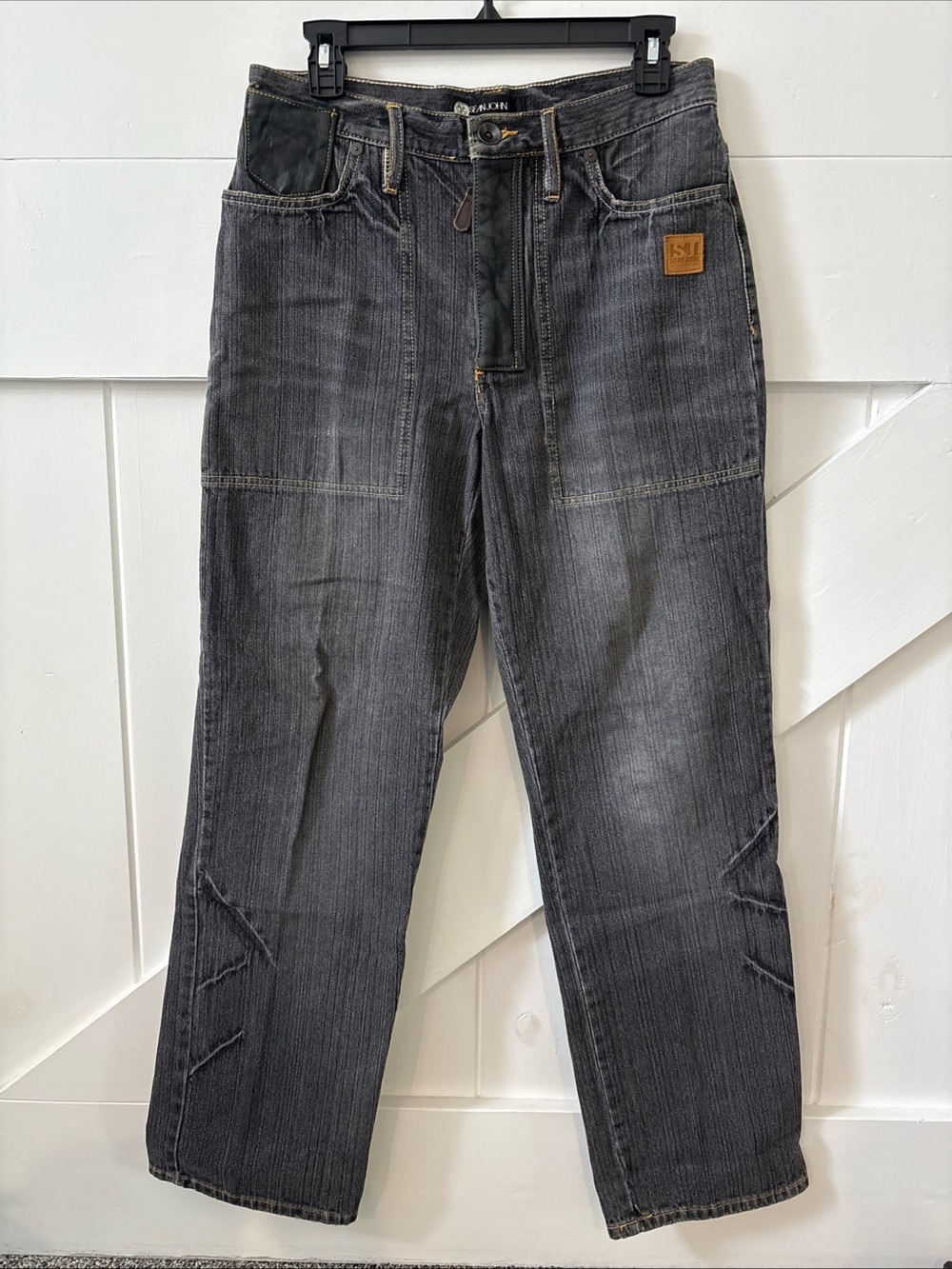Vintage Sean John Men's Jeans Size 30 Black Denim Leather Back Pocket Patch Logo